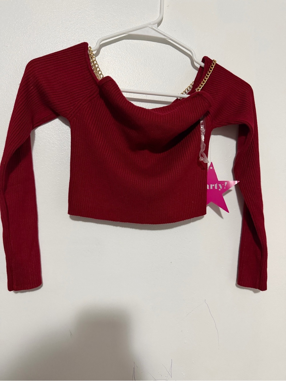 Red Ribbed Off-Shoulder Crop Top with Chain Straps